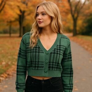 Hollister Women's Green Black Plaid Cropped Knit Button Cardigan Sweater Size S‎